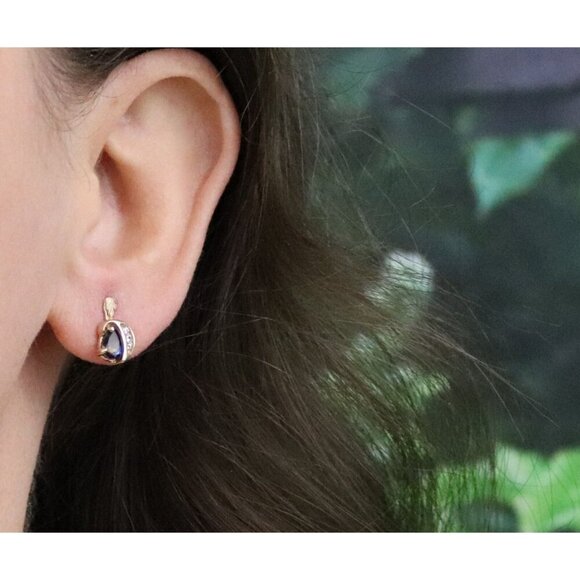 10k Yellow Gold Lab Created Alexandrite and CZ Earrings Stud Post 1/2" x 1/4" - Picture 2 of 9